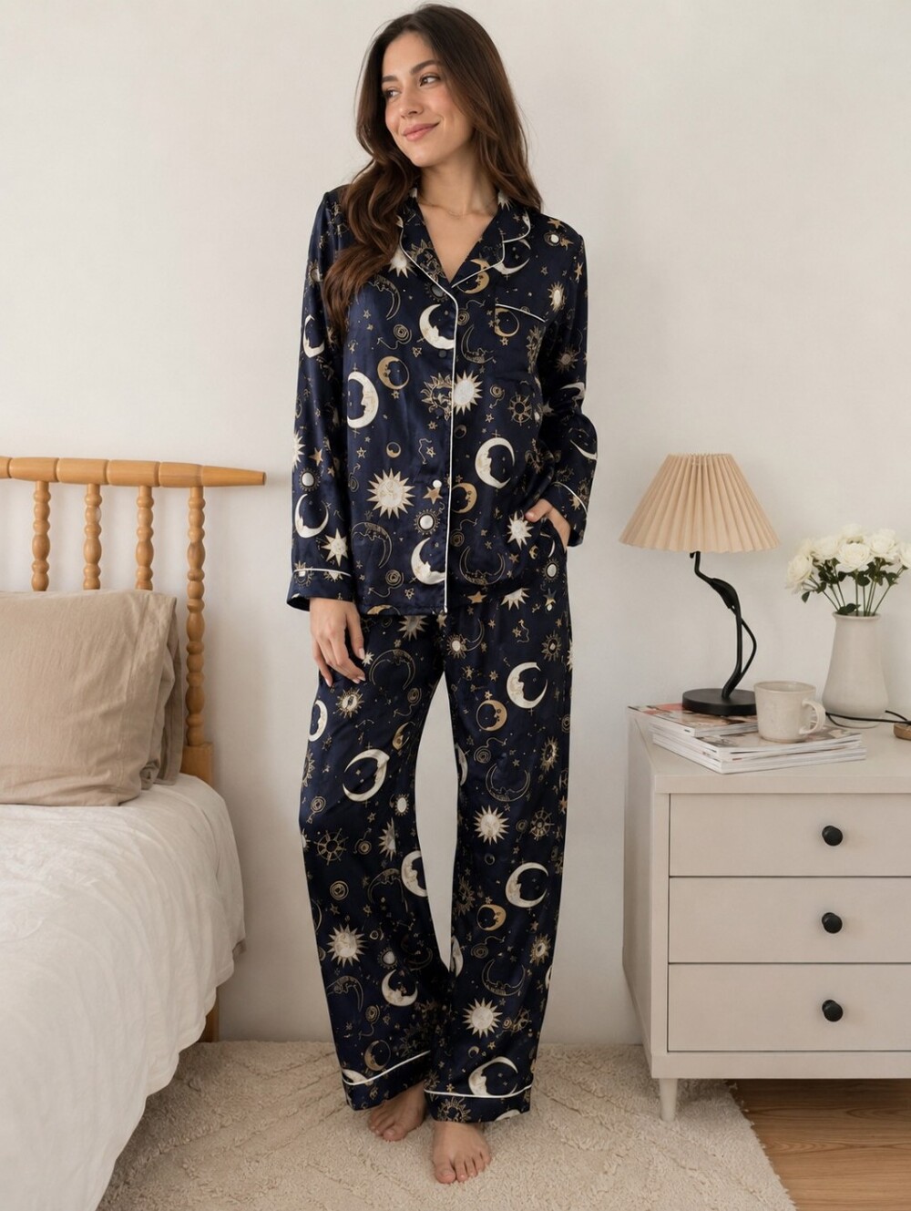 Vintage 90s Celestial Satin Pajama Set | Silki | Sun Moon Stars Navy